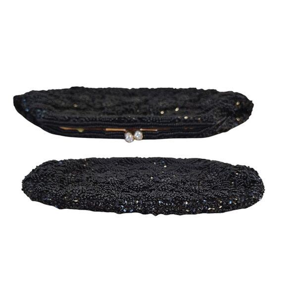 VTG 50s 60s Black Handmade Hong Kong Beaded Sequins Kiss Lock Clutch - Picture 15 of 16